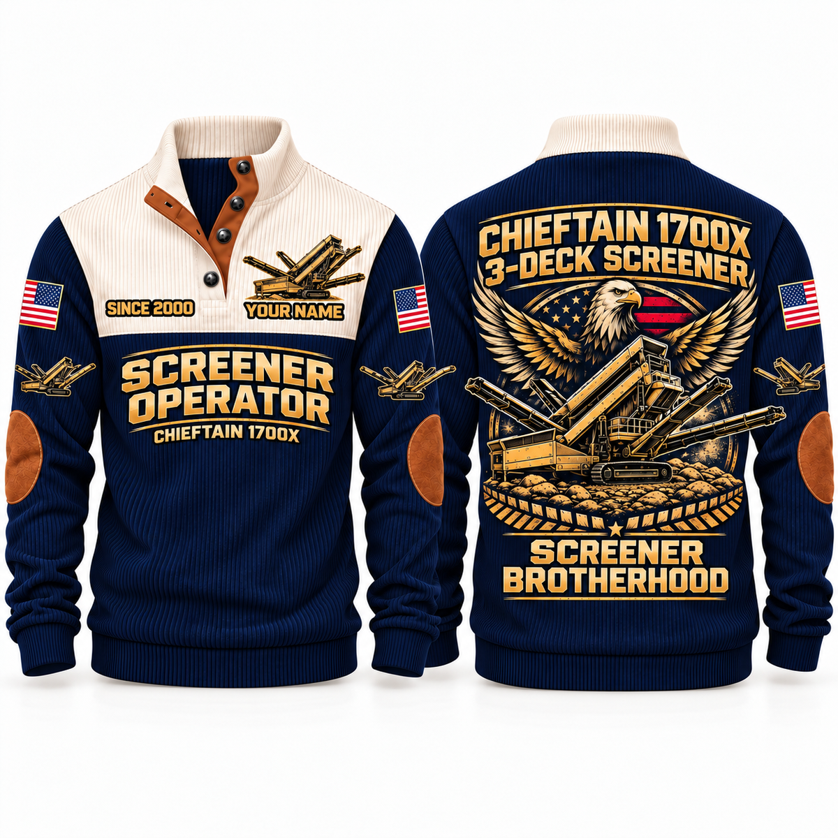 Chieftain 1700X 3-Deck Screener Operator Sports Sweatshirt in Navy, front and back views, sample YOUR NAME and SINCE 2000 personalization