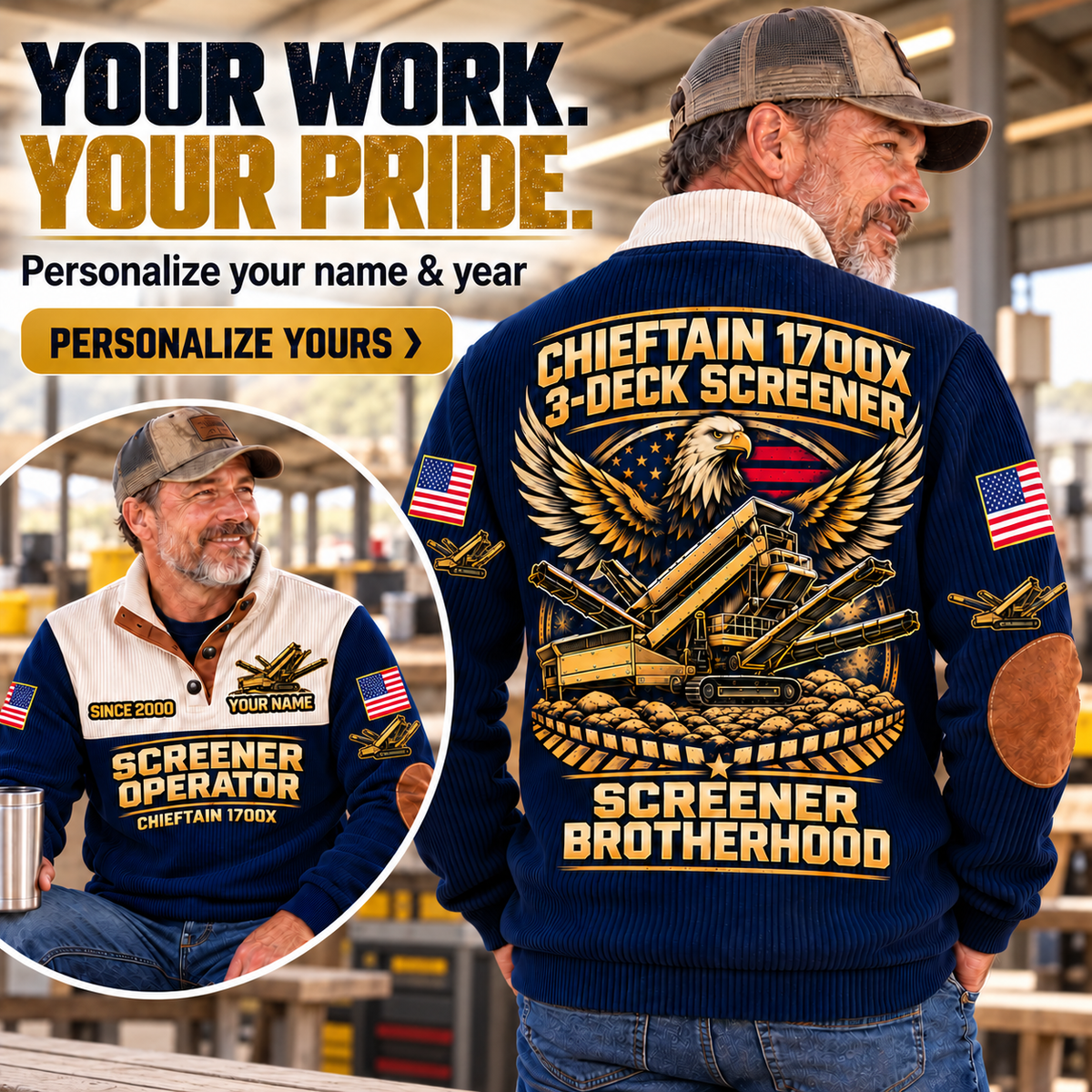 Personalized Chieftain 1700X 3-Deck Screener Operator Sports Sweatshirt in Navy, dedicated lifestyle featured image showing front and back artwork, personalized YOUR NAME and SINCE 2000