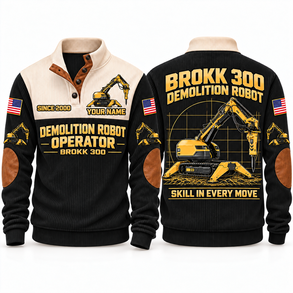300 Demolition Robot Operator Sports Sweatshirt in Black, front and back views, sample YOUR NAME and SINCE 2000 personalization