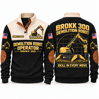 300 Demolition Robot Operator Sports Sweatshirt in Black, front and back views, sample YOUR NAME and SINCE 2000 personalization