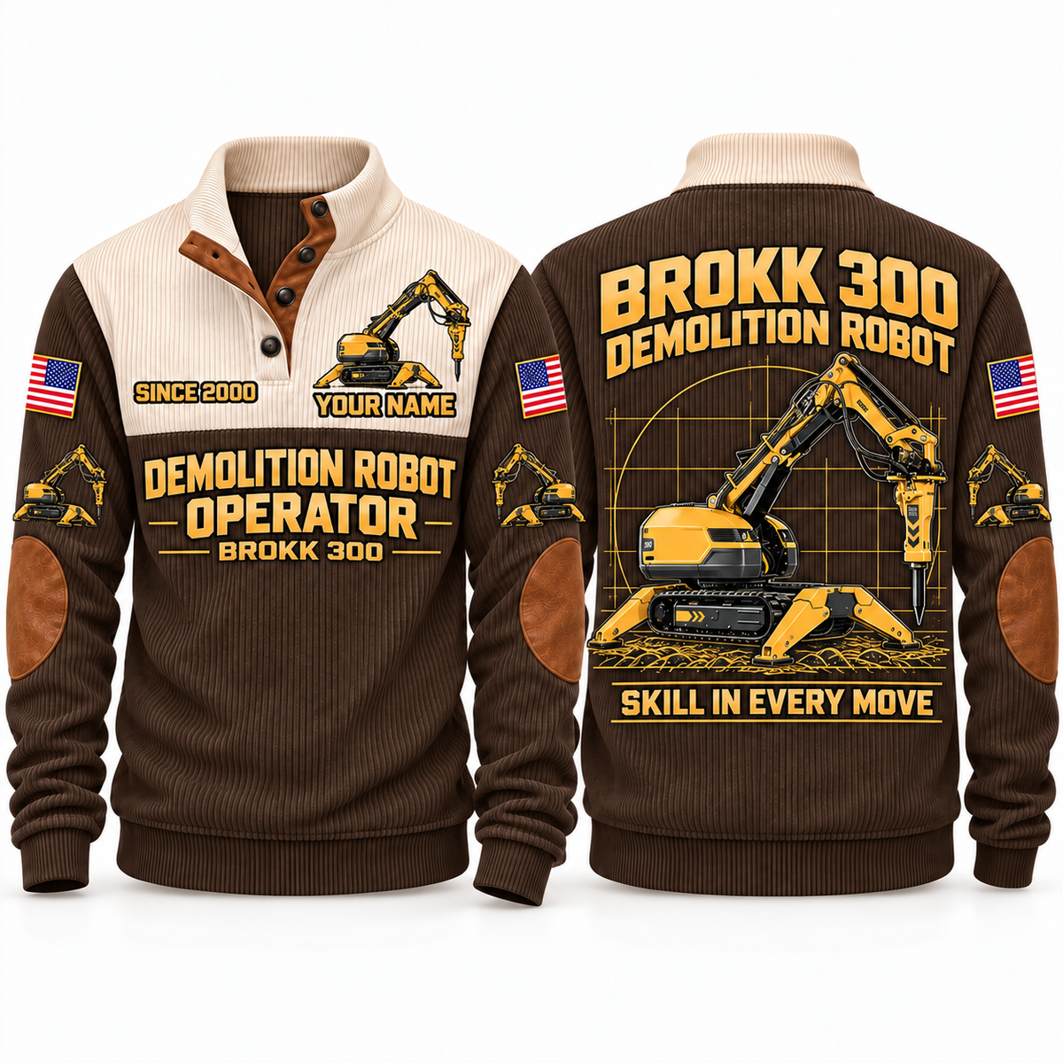 300 Demolition Robot Operator Sports Sweatshirt in Brown, front and back views, sample YOUR NAME and SINCE 2000 personalization