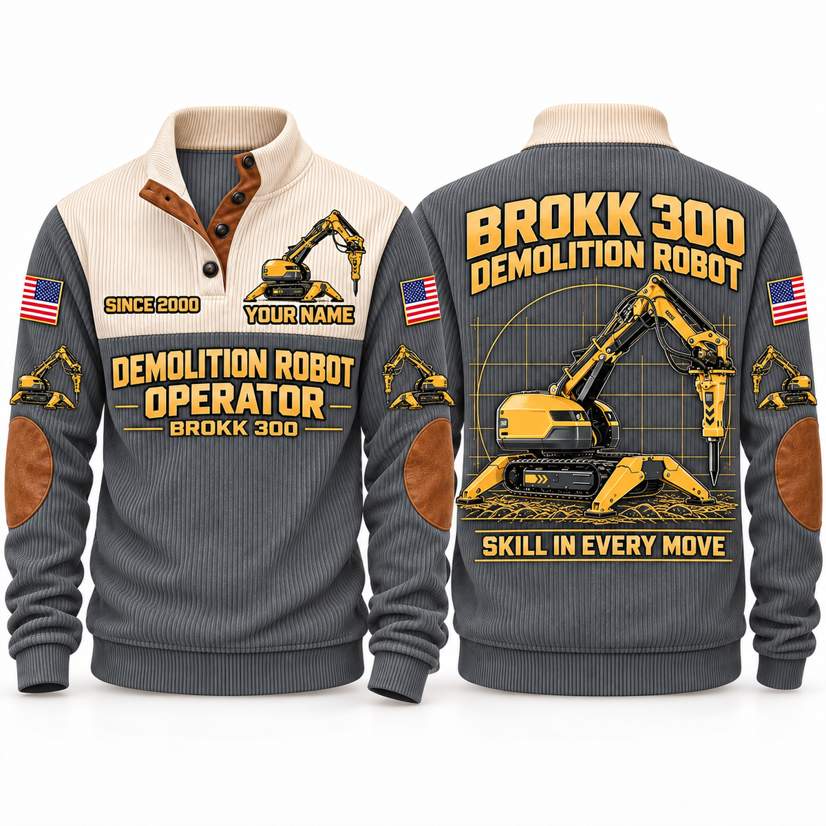 300 Demolition Robot Operator Sports Sweatshirt in Grey, front and back views, sample YOUR NAME and SINCE 2000 personalization