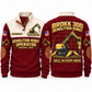 300 Demolition Robot Operator Sports Sweatshirt in Jujube Red, front and back views, sample YOUR NAME and SINCE 2000 personalization