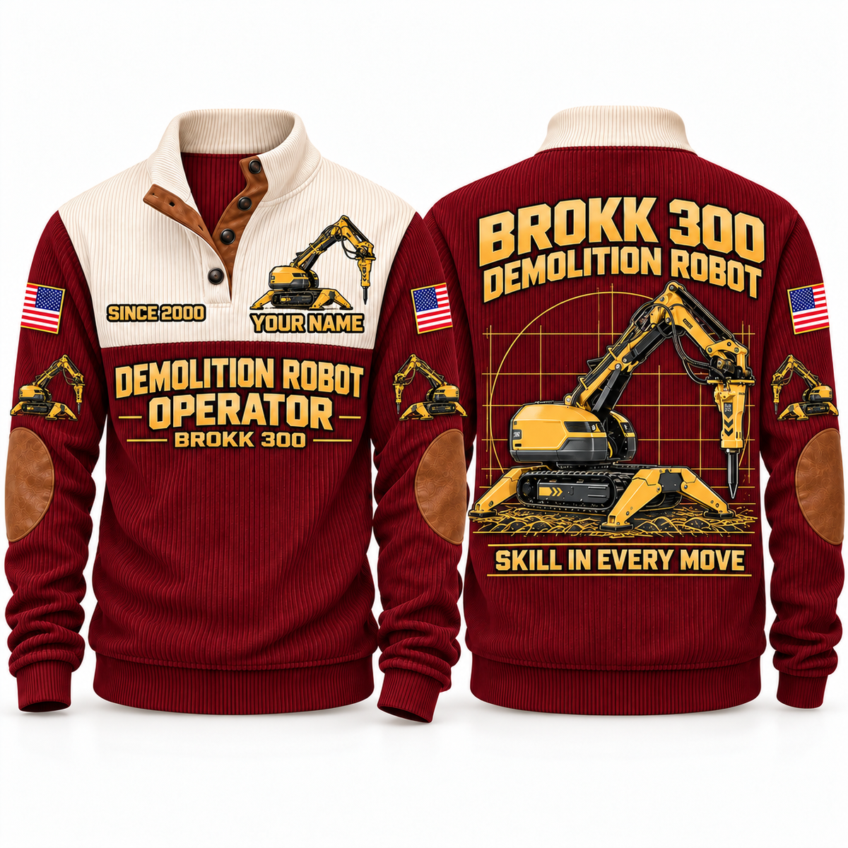 300 Demolition Robot Operator Sports Sweatshirt in Jujube Red, front and back views, sample YOUR NAME and SINCE 2000 personalization