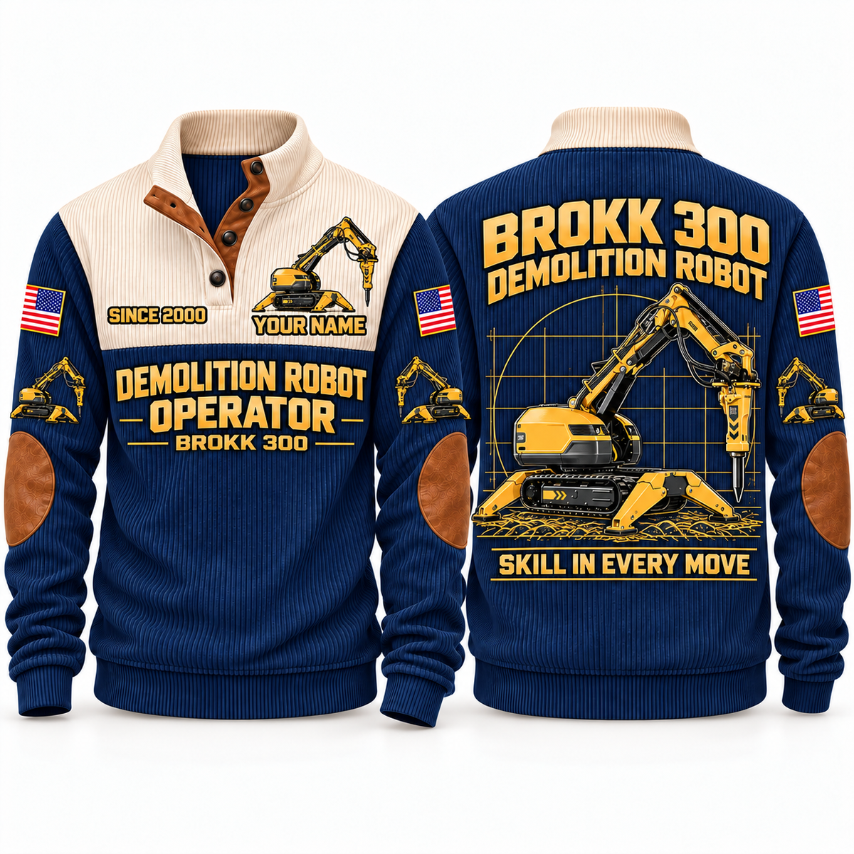 300 Demolition Robot Operator Sports Sweatshirt in Navy, front and back views, sample YOUR NAME and SINCE 2000 personalization