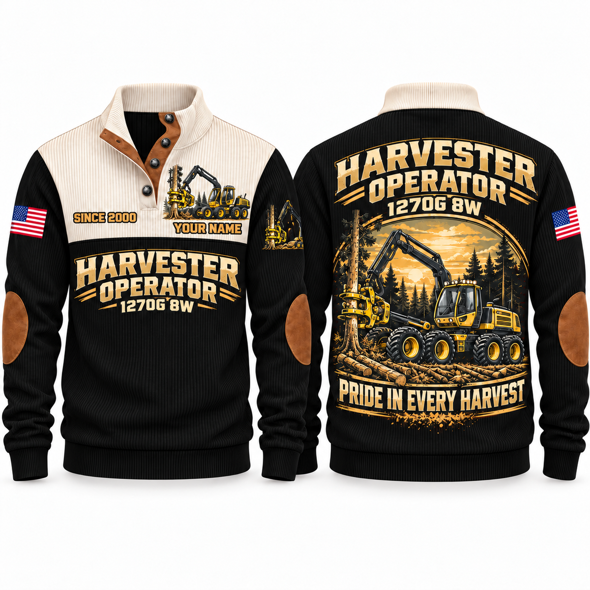 1270G 8W Harvester Operator Sports Sweatshirt in Black, front and back views, sample YOUR NAME and SINCE 2000 personalization