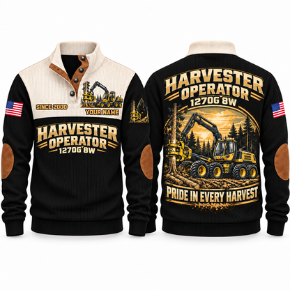 1270G 8W Harvester Operator Sports Sweatshirt in Black, front and back views, sample YOUR NAME and SINCE 2000 personalization
