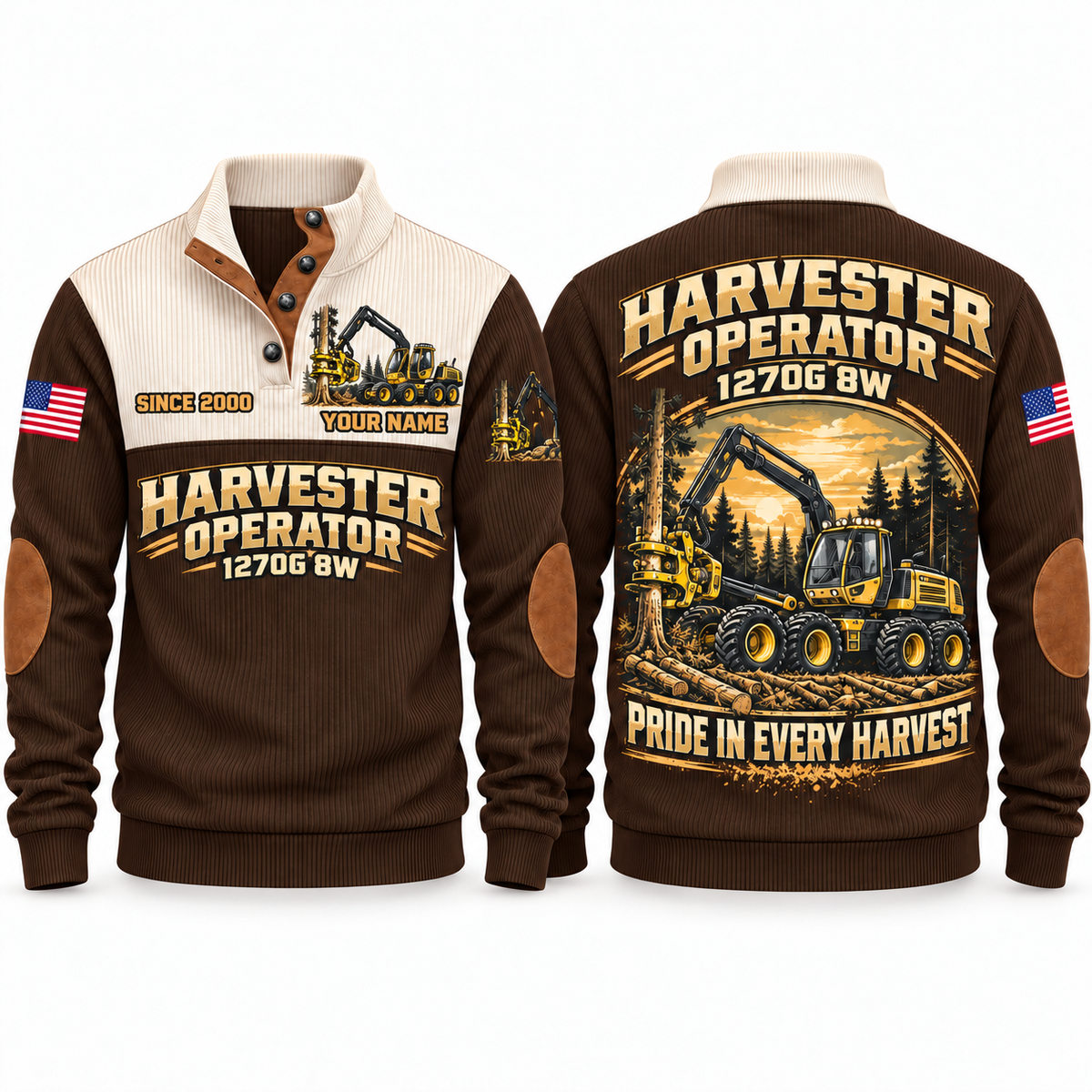 1270G 8W Harvester Operator Sports Sweatshirt in Brown, front and back views, sample YOUR NAME and SINCE 2000 personalization