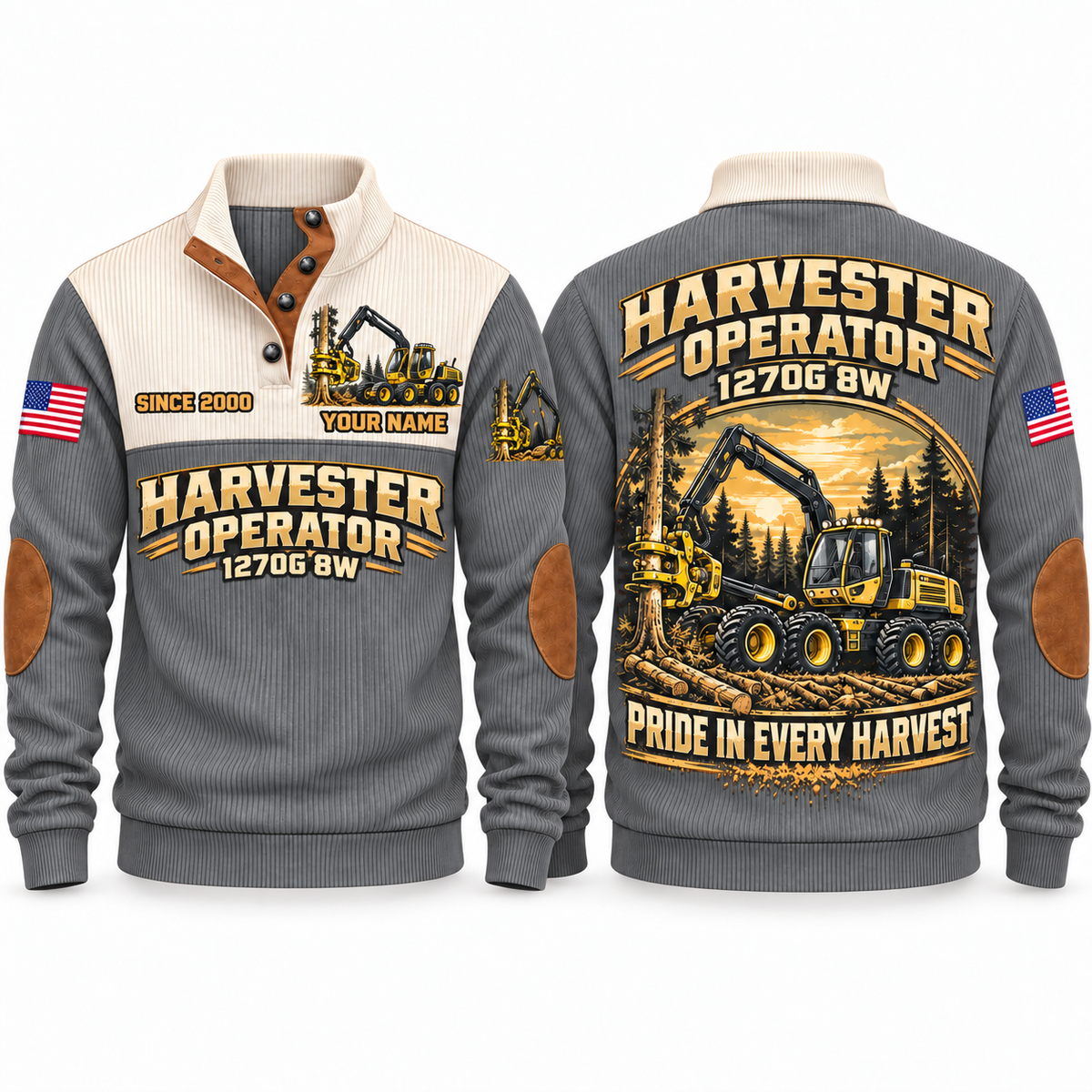1270G 8W Harvester Operator Sports Sweatshirt in Grey, front and back views, sample YOUR NAME and SINCE 2000 personalization