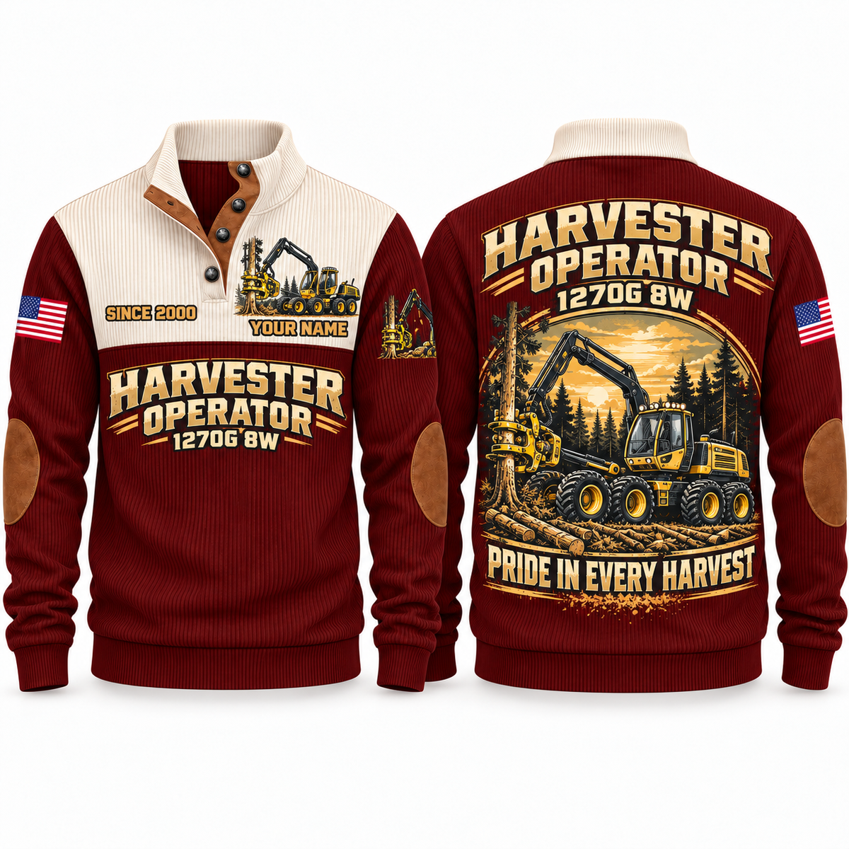 1270G 8W Harvester Operator Sports Sweatshirt in Jujube Red, front and back views, sample YOUR NAME and SINCE 2000 personalization
