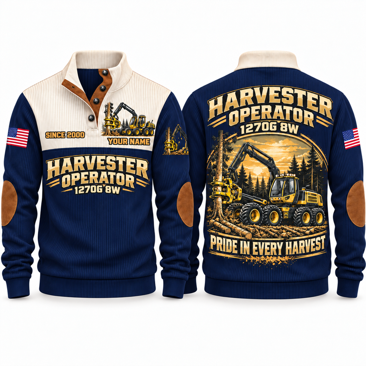 1270G 8W Harvester Operator Sports Sweatshirt in Navy, front and back views, sample YOUR NAME and SINCE 2000 personalization