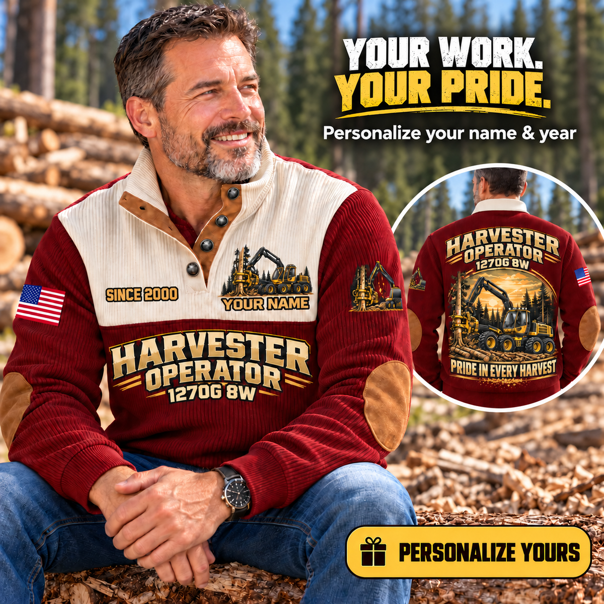 Personalized John Deere 1270G 8W Harvester Operator Sports Sweatshirt in Jujube Red, dedicated lifestyle featured image showing front and back artwork, personalized YOUR NAME and SINCE 2000
