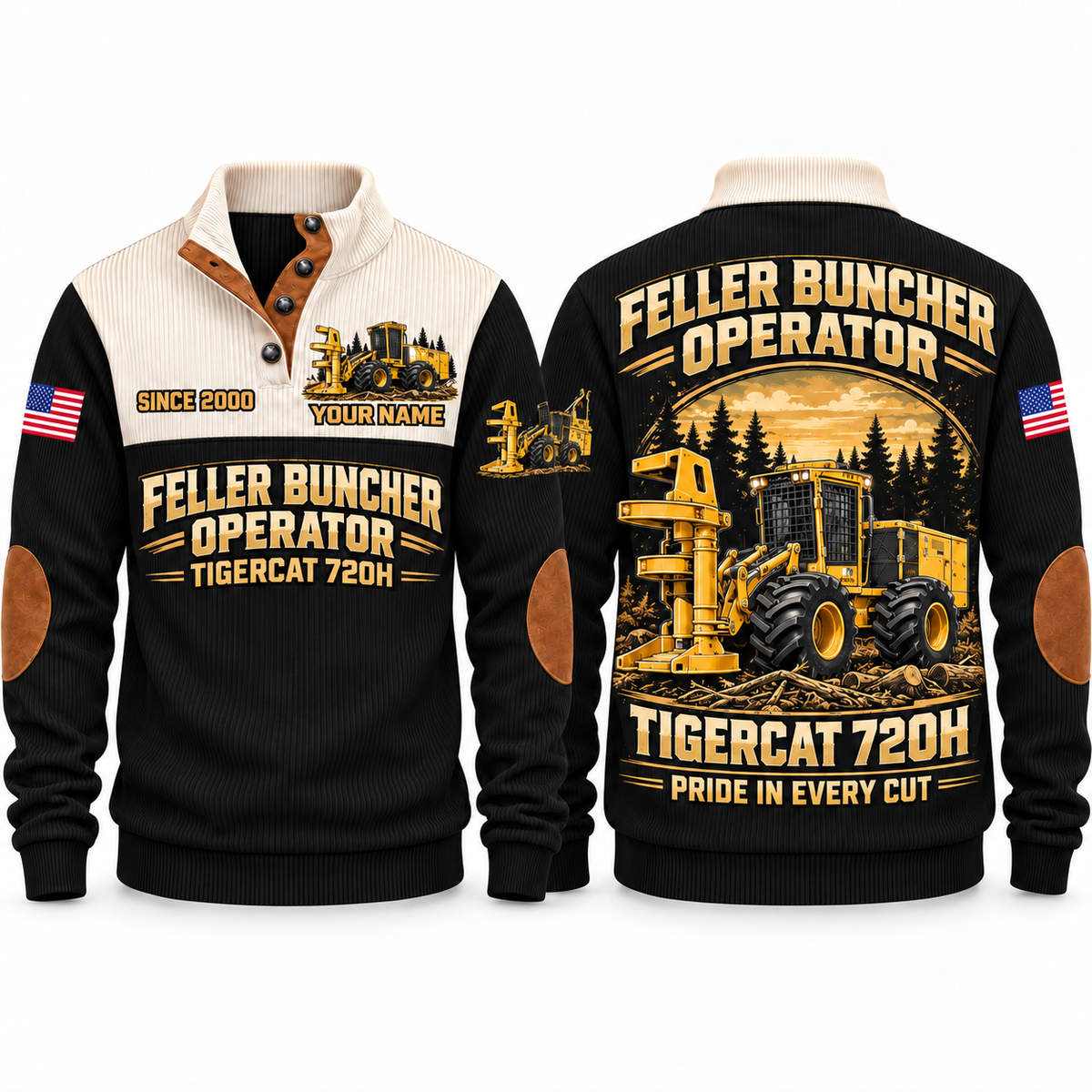 720H Feller Buncher Operator Sports Sweatshirt in Black, front and back views, sample YOUR NAME and SINCE 2000 personalization