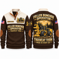 720H Feller Buncher Operator Sports Sweatshirt in Brown, front and back views, sample YOUR NAME and SINCE 2000 personalization