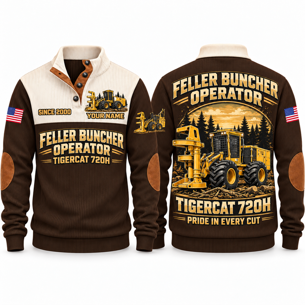 720H Feller Buncher Operator Sports Sweatshirt in Brown, front and back views, sample YOUR NAME and SINCE 2000 personalization
