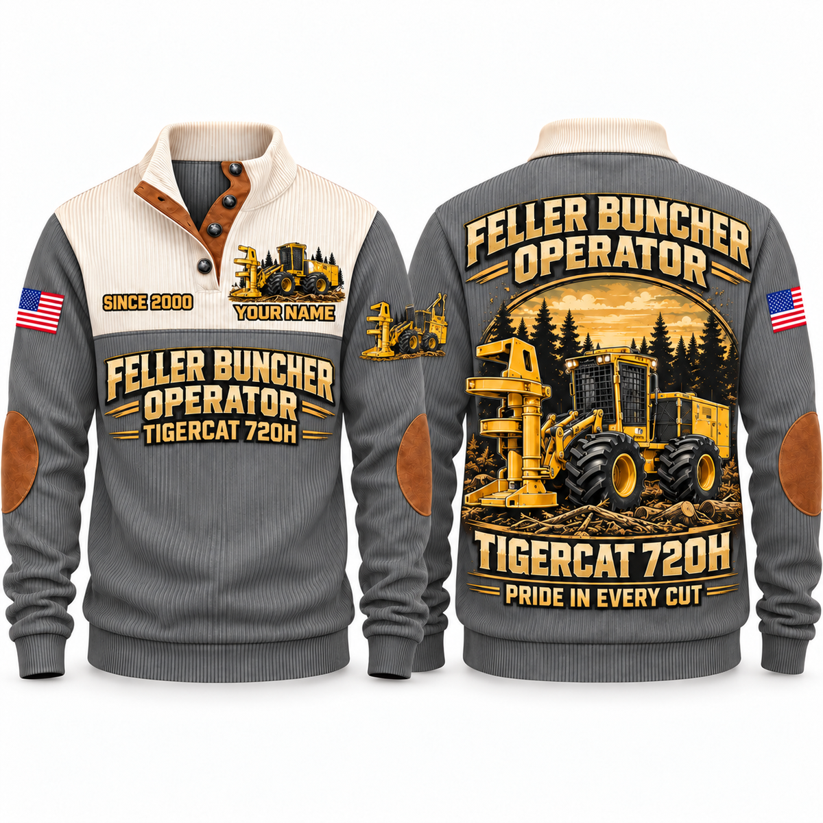 720H Feller Buncher Operator Sports Sweatshirt in Grey, front and back views, sample YOUR NAME and SINCE 2000 personalization