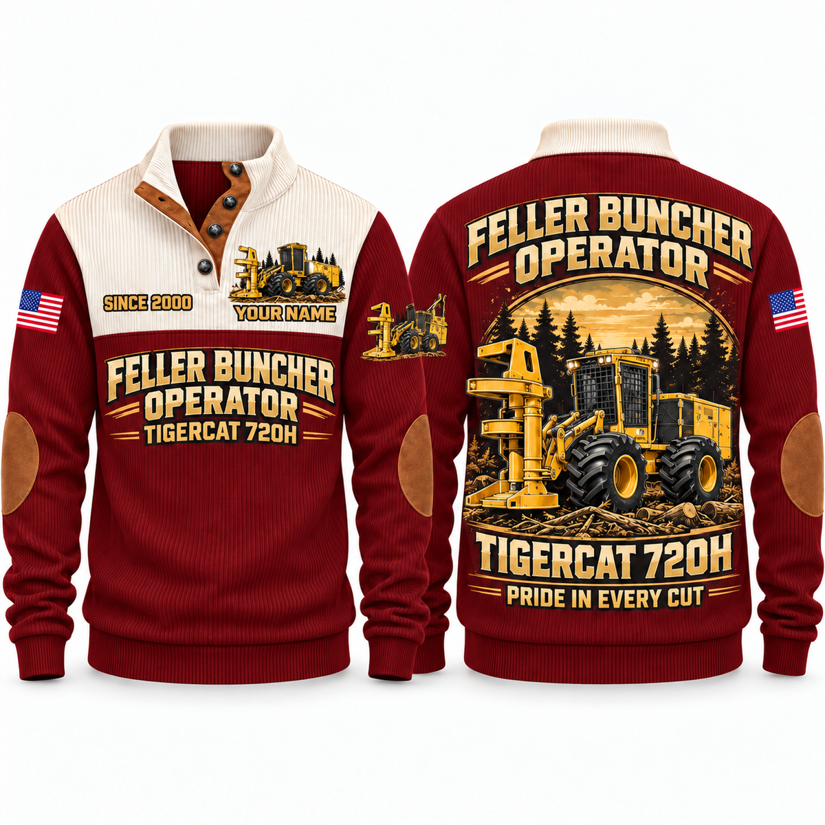 720H Feller Buncher Operator Sports Sweatshirt in Jujube Red, front and back views, sample YOUR NAME and SINCE 2000 personalization