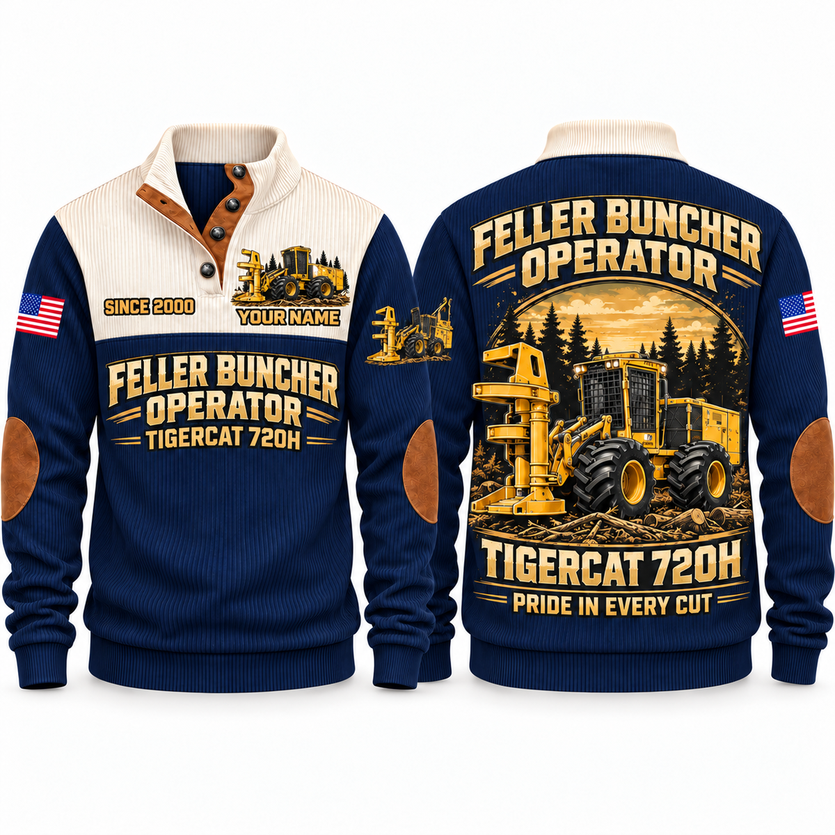 720H Feller Buncher Operator Sports Sweatshirt in Navy, front and back views, sample YOUR NAME and SINCE 2000 personalization
