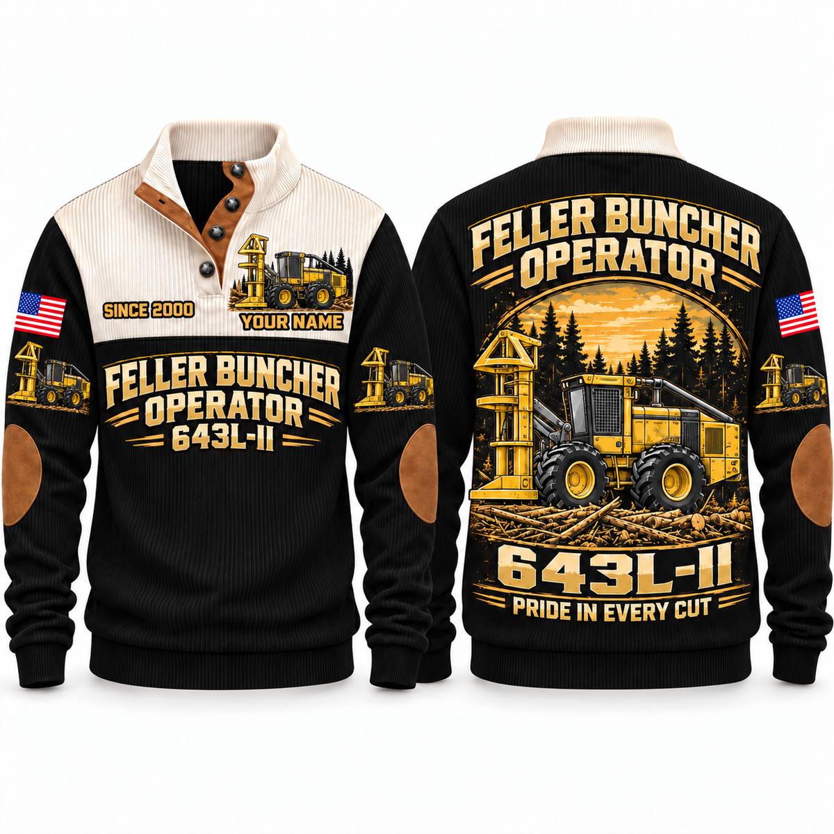 643L-II Feller Buncher Operator Sports Sweatshirt in Black, front and back views, sample YOUR NAME and SINCE 2000 personalization