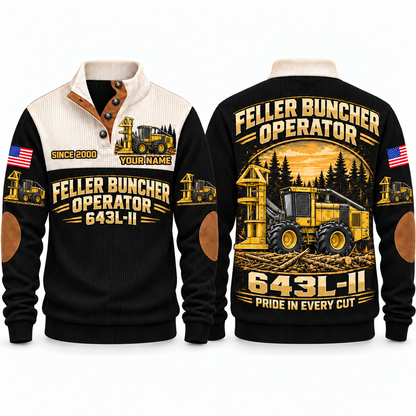 643L-II Feller Buncher Operator Sports Sweatshirt in Black, front and back views, sample YOUR NAME and SINCE 2000 personalization