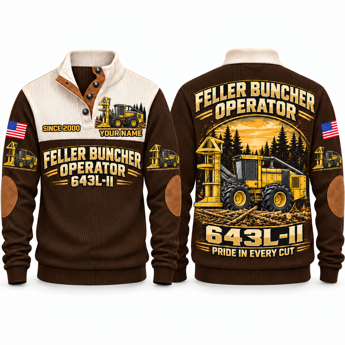 643L-II Feller Buncher Operator Sports Sweatshirt in Brown, front and back views, sample YOUR NAME and SINCE 2000 personalization