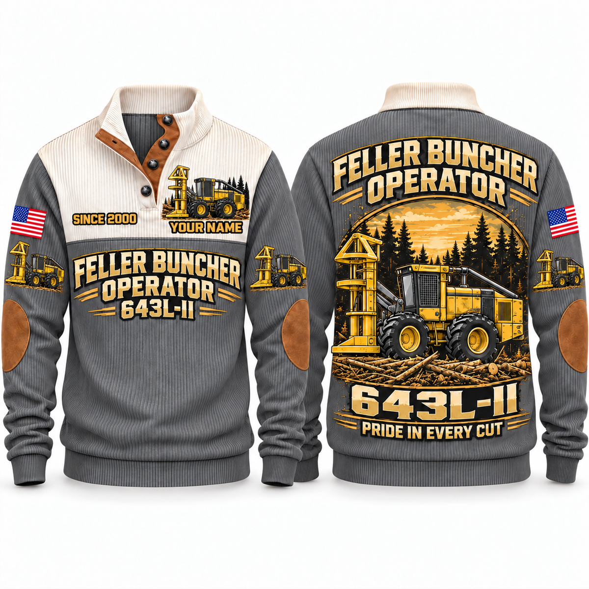 643L-II Feller Buncher Operator Sports Sweatshirt in Grey, front and back views, sample YOUR NAME and SINCE 2000 personalization