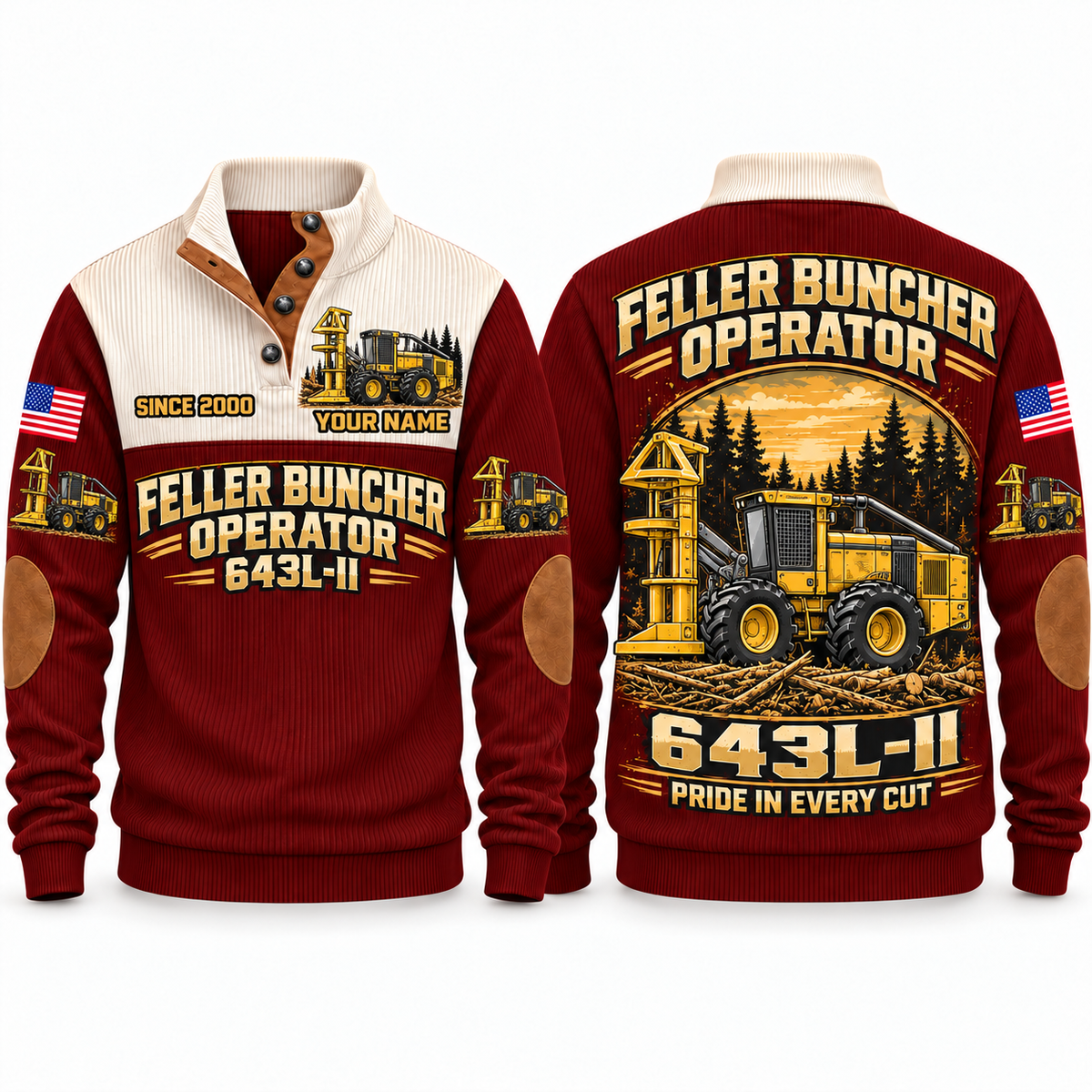 643L-II Feller Buncher Operator Sports Sweatshirt in Jujube Red, front and back views, sample YOUR NAME and SINCE 2000 personalization