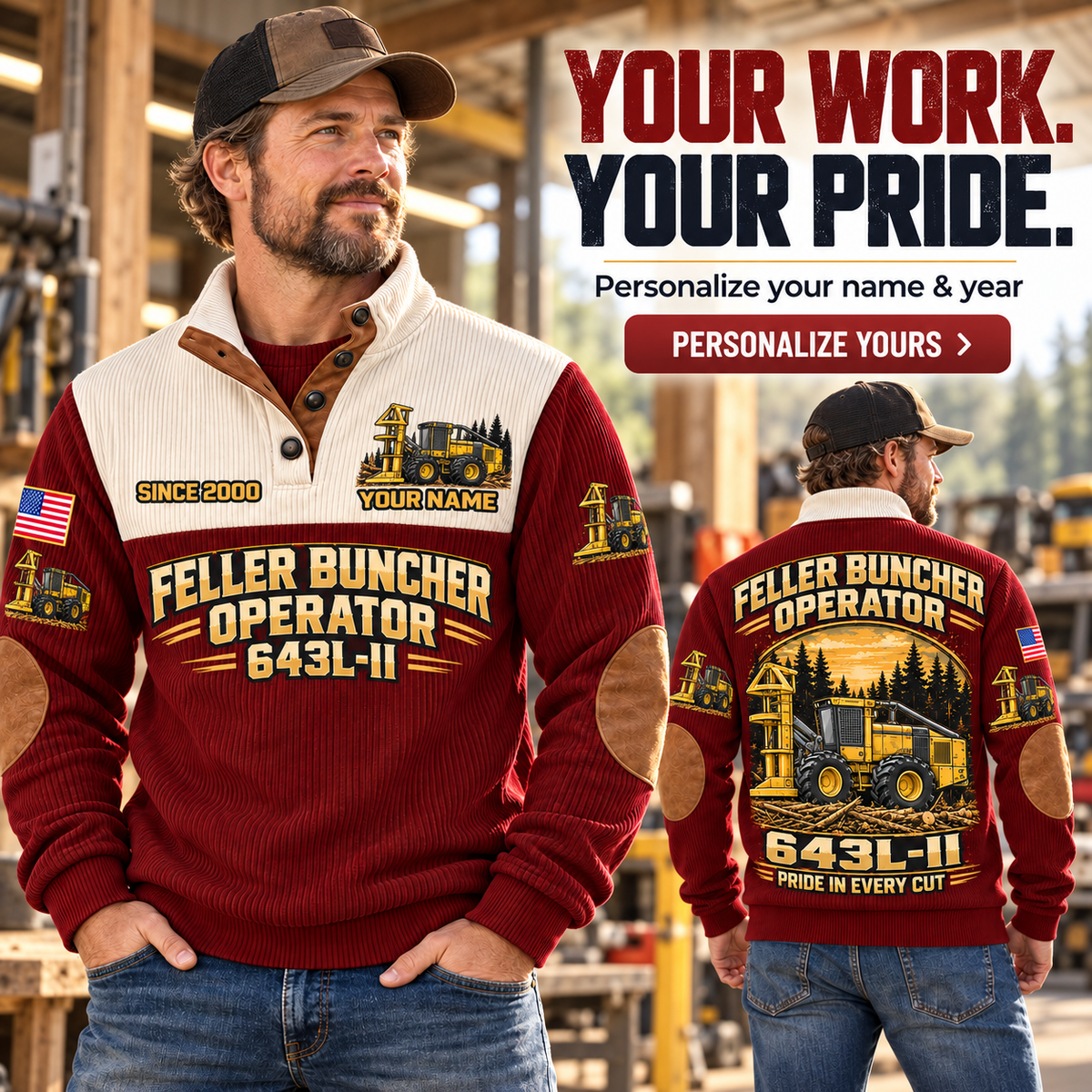 Personalized John Deere 643L-II Feller Buncher Operator Sports Sweatshirt in Jujube Red, dedicated lifestyle featured image showing front and back artwork, personalized YOUR NAME and SINCE 2000