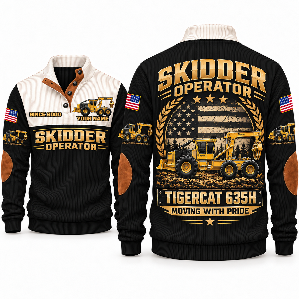 635H Skidder Operator Sports Sweatshirt in Black, front and back views, sample YOUR NAME and SINCE 2000 personalization
