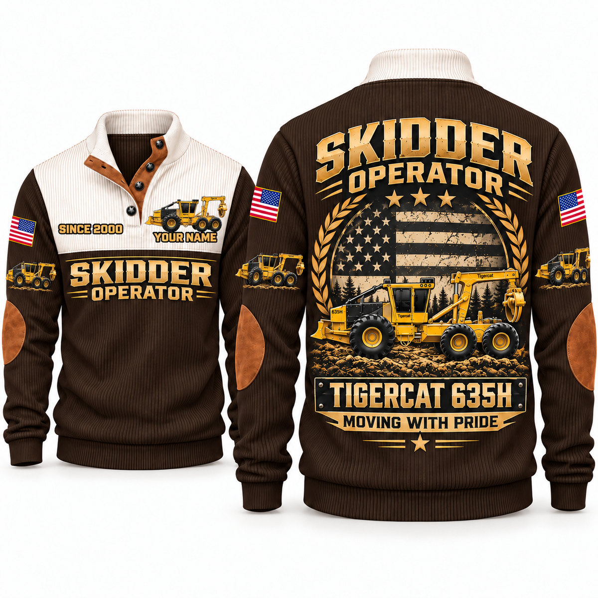 635H Skidder Operator Sports Sweatshirt in Brown, front and back views, sample YOUR NAME and SINCE 2000 personalization