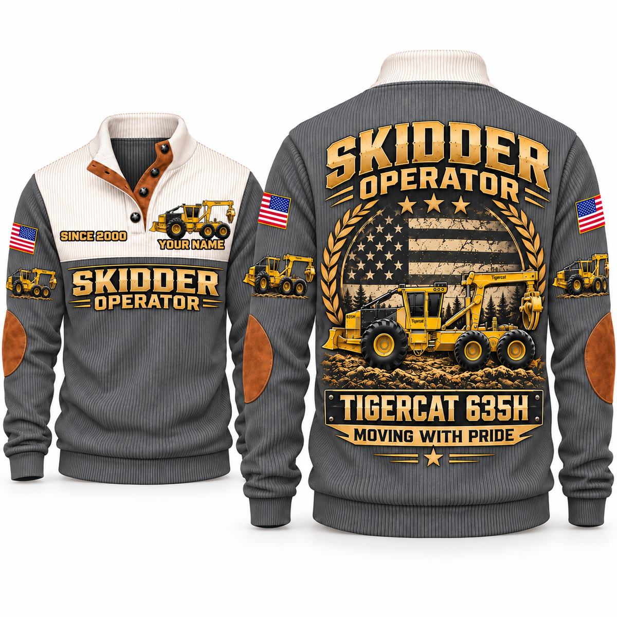 635H Skidder Operator Sports Sweatshirt in Grey, front and back views, sample YOUR NAME and SINCE 2000 personalization