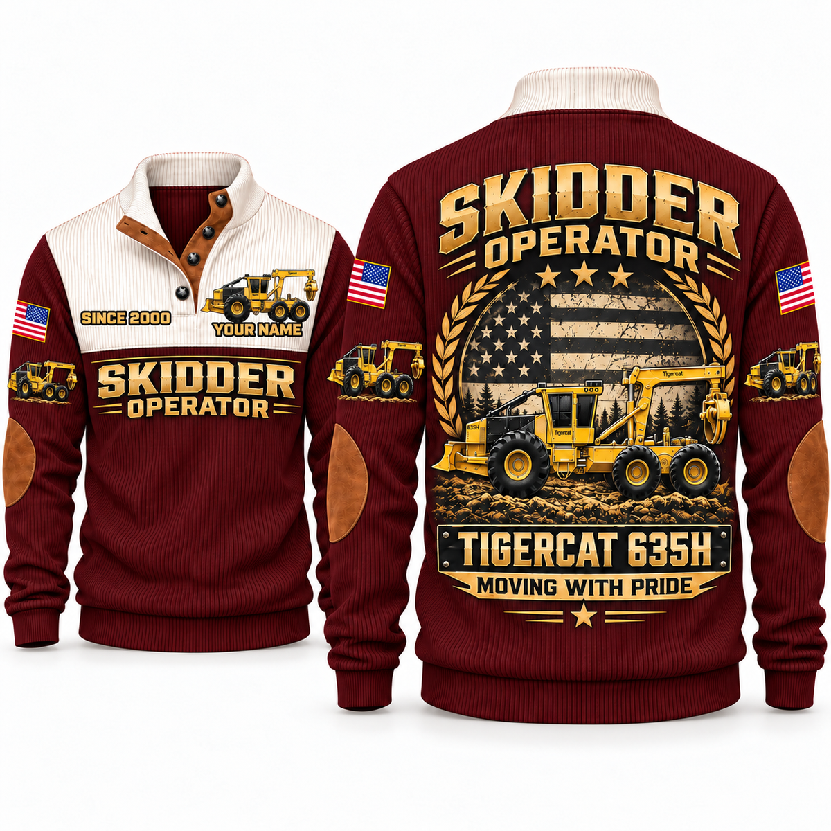 635H Skidder Operator Sports Sweatshirt in Jujube Red, front and back views, sample YOUR NAME and SINCE 2000 personalization