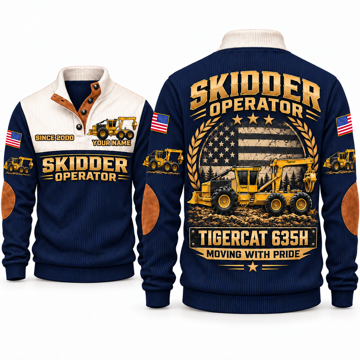 635H Skidder Operator Sports Sweatshirt in Navy, front and back views, sample YOUR NAME and SINCE 2000 personalization