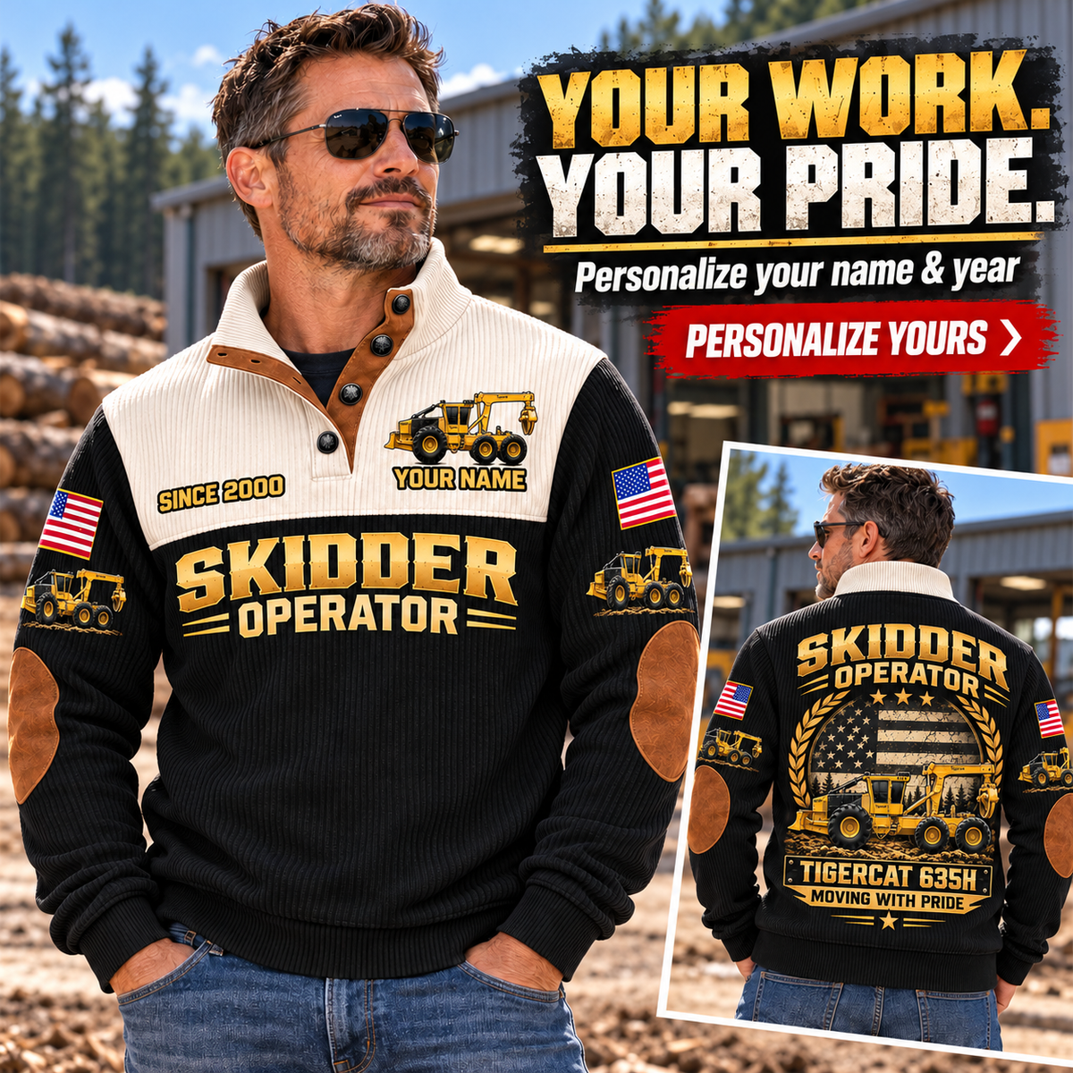 Personalized Tigercat 635H Skidder Operator Sports Sweatshirt in Black, dedicated lifestyle featured image showing front and back artwork, personalized YOUR NAME and SINCE 2000