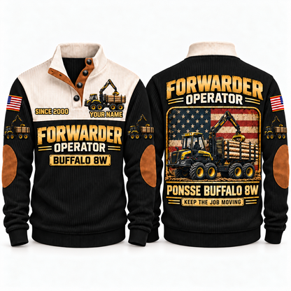 Buffalo 8W Forwarder Operator Sports Sweatshirt in Black, front and back views, sample YOUR NAME and SINCE 2000 personalization