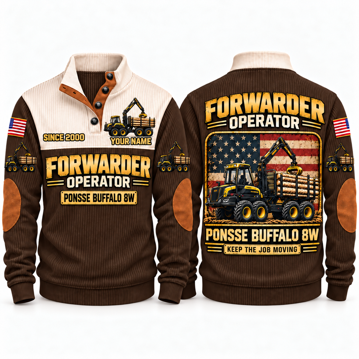Buffalo 8W Forwarder Operator Sports Sweatshirt in Brown, front and back views, sample YOUR NAME and SINCE 2000 personalization