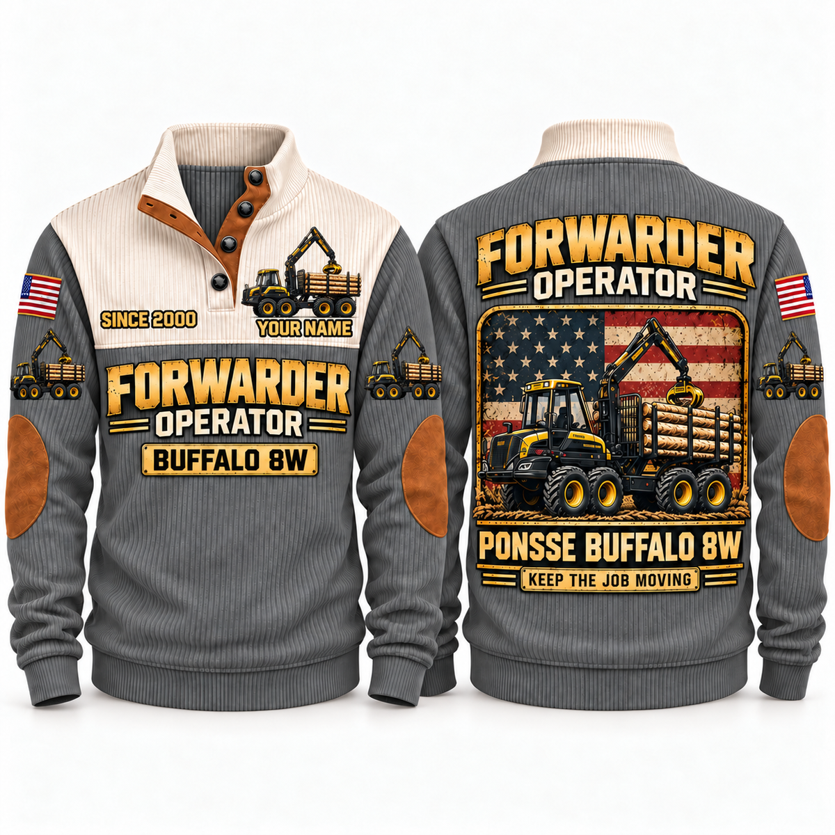 Buffalo 8W Forwarder Operator Sports Sweatshirt in Grey, front and back views, sample YOUR NAME and SINCE 2000 personalization