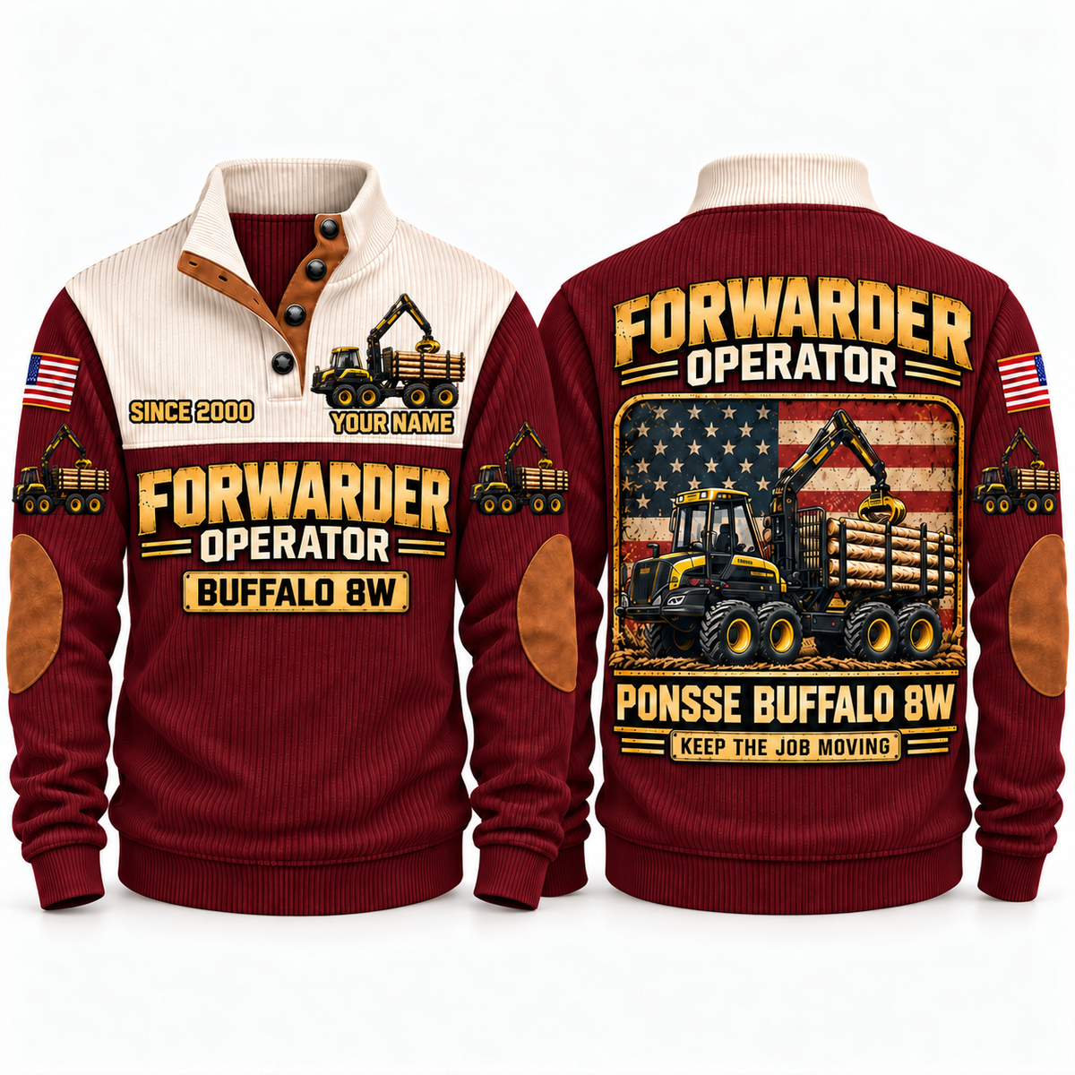 Buffalo 8W Forwarder Operator Sports Sweatshirt in Jujube Red, front and back views, sample YOUR NAME and SINCE 2000 personalization