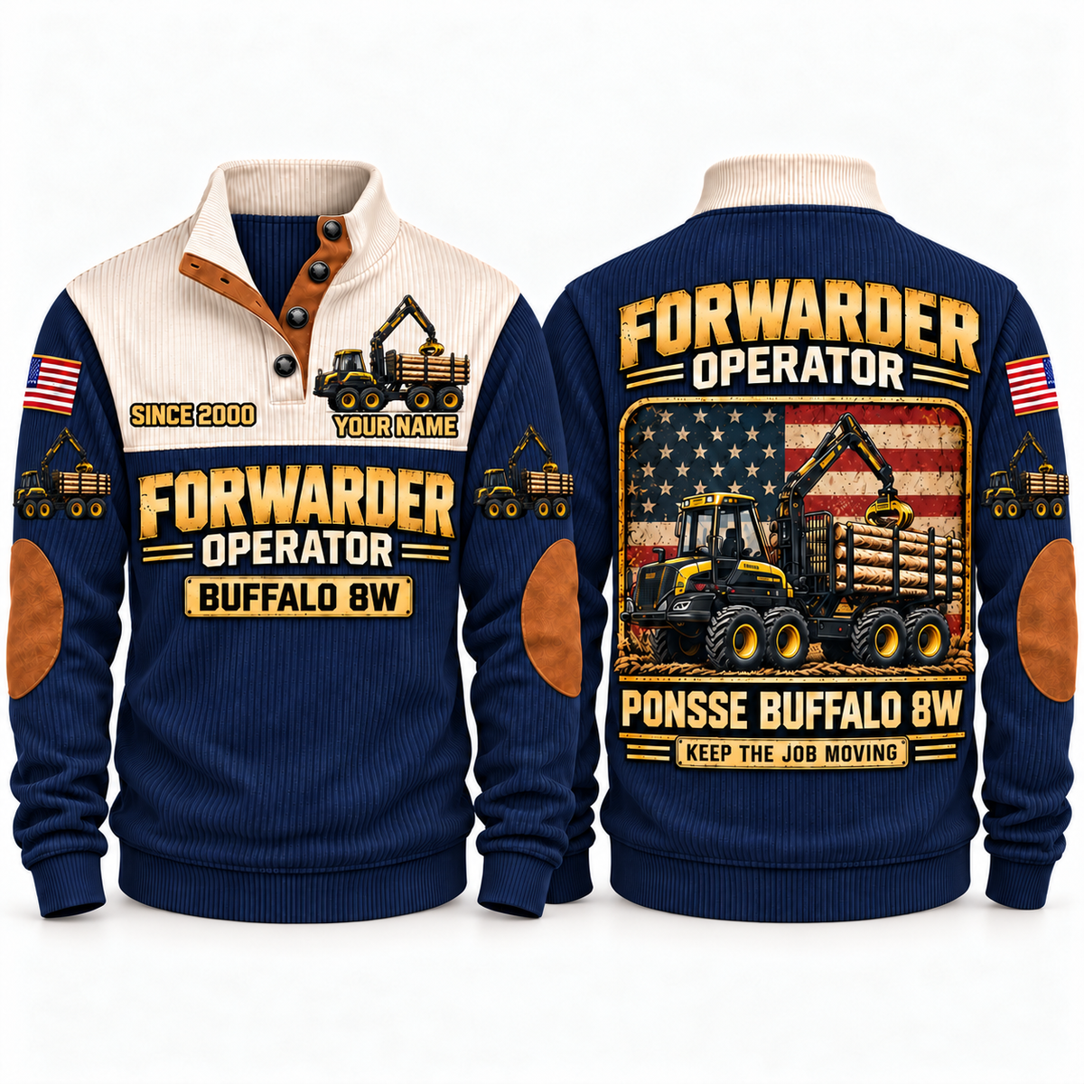 Buffalo 8W Forwarder Operator Sports Sweatshirt in Navy, front and back views, sample YOUR NAME and SINCE 2000 personalization