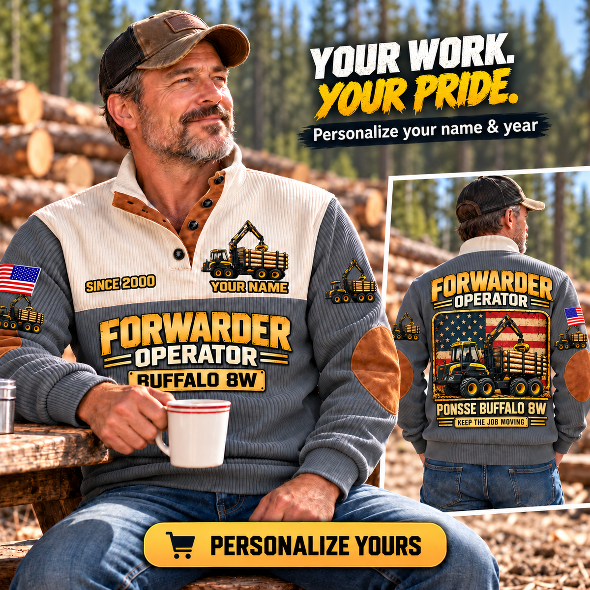 Personalized Ponsse Buffalo 8W Forwarder Operator Sports Sweatshirt in Grey, dedicated lifestyle featured image showing front and back artwork, personalized YOUR NAME and SINCE 2000