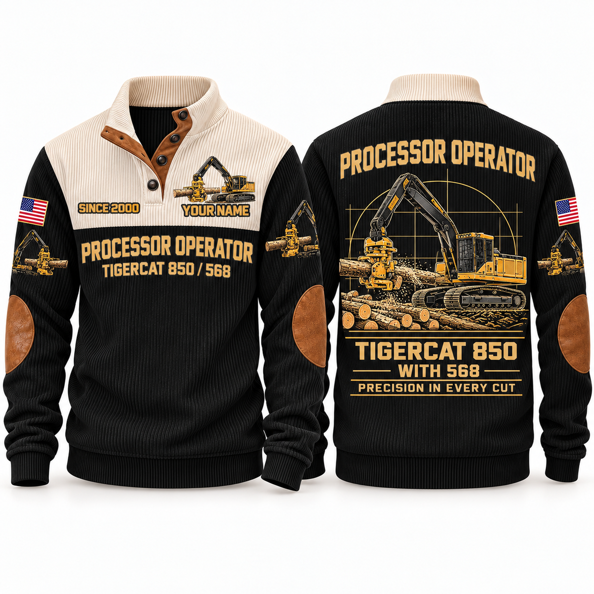 850 with 568 Processor Operator Sports Sweatshirt in Black, front and back views, sample YOUR NAME and SINCE 2000 personalization