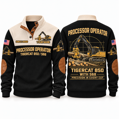 850 with 568 Processor Operator Sports Sweatshirt in Black, front and back views, sample YOUR NAME and SINCE 2000 personalization