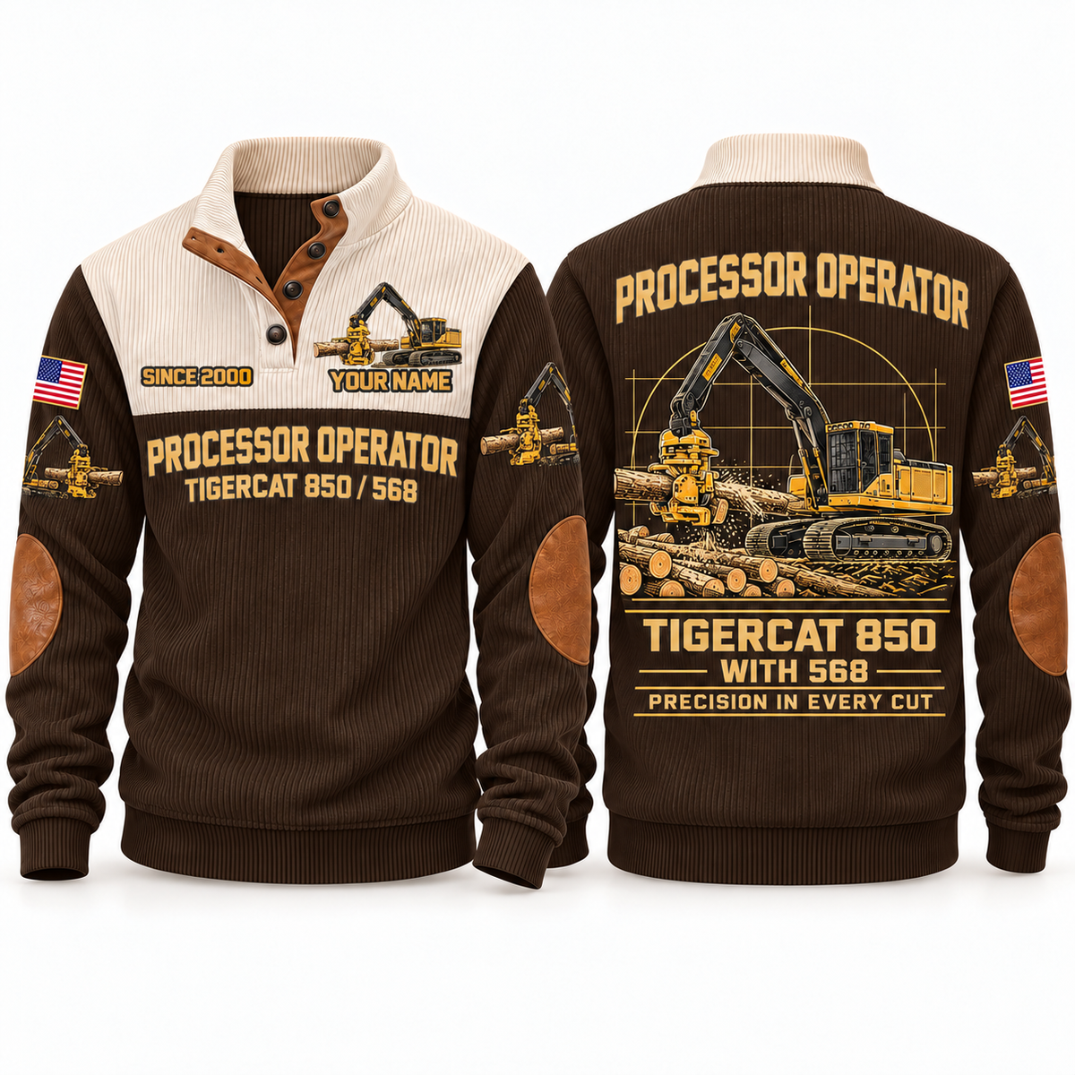 850 with 568 Processor Operator Sports Sweatshirt in Brown, front and back views, sample YOUR NAME and SINCE 2000 personalization