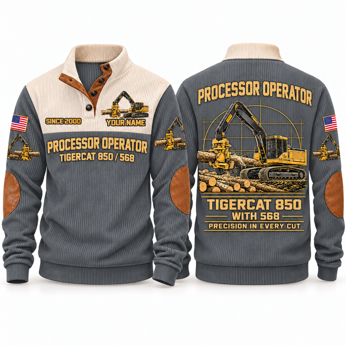 850 with 568 Processor Operator Sports Sweatshirt in Grey, front and back views, sample YOUR NAME and SINCE 2000 personalization