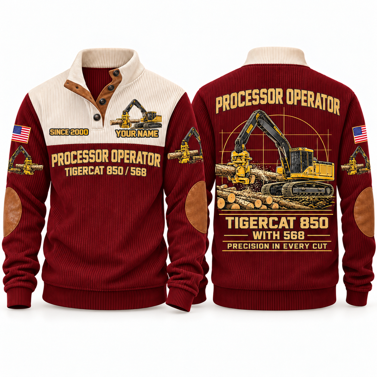 850 with 568 Processor Operator Sports Sweatshirt in Jujube Red, front and back views, sample YOUR NAME and SINCE 2000 personalization