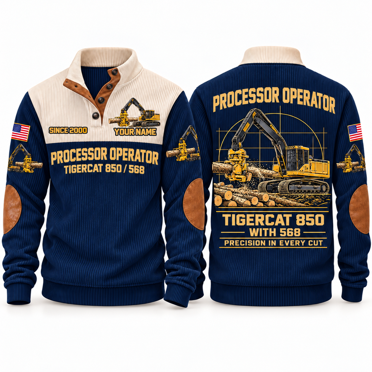 850 with 568 Processor Operator Sports Sweatshirt in Navy, front and back views, sample YOUR NAME and SINCE 2000 personalization