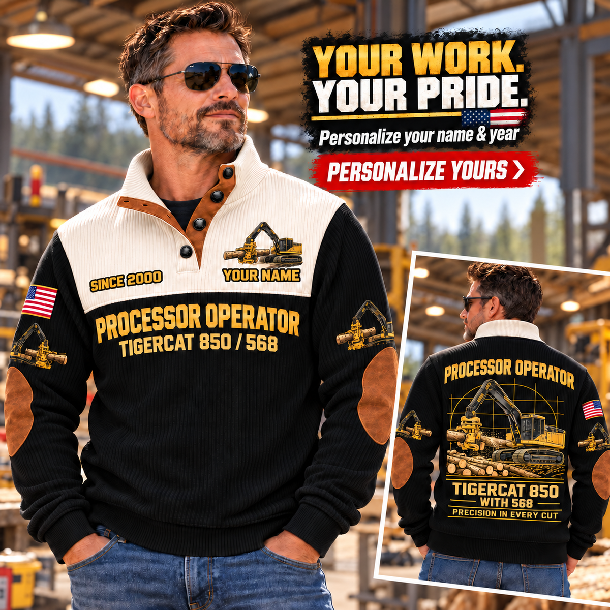 Personalized Tigercat 850 with 568 Processor Operator Sports Sweatshirt in Black, dedicated lifestyle featured image showing front and back artwork, personalized YOUR NAME and SINCE 2000