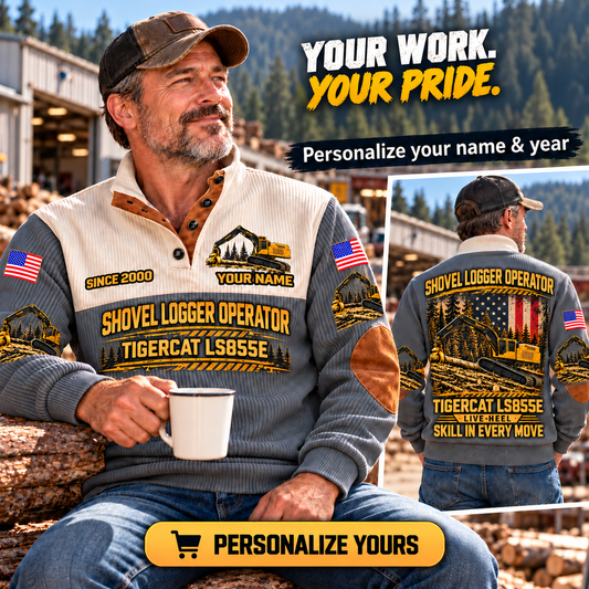 Personalized Tigercat LS855E Live-Heel Shovel Logger Operator Sports Sweatshirt in Grey, dedicated lifestyle featured image showing front and back artwork, personalized YOUR NAME and SINCE 2000