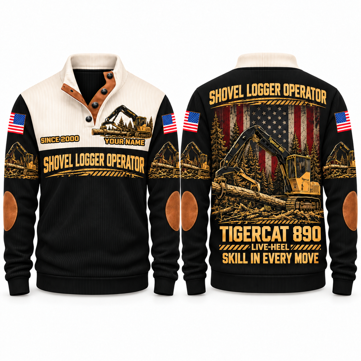 890 live-heel configuration Shovel Logger Operator Sports Sweatshirt in Black, front and back views, sample YOUR NAME and SINCE 2000 personalization
