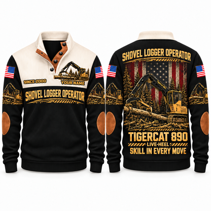 890 live-heel configuration Shovel Logger Operator Sports Sweatshirt in Black, front and back views, sample YOUR NAME and SINCE 2000 personalization